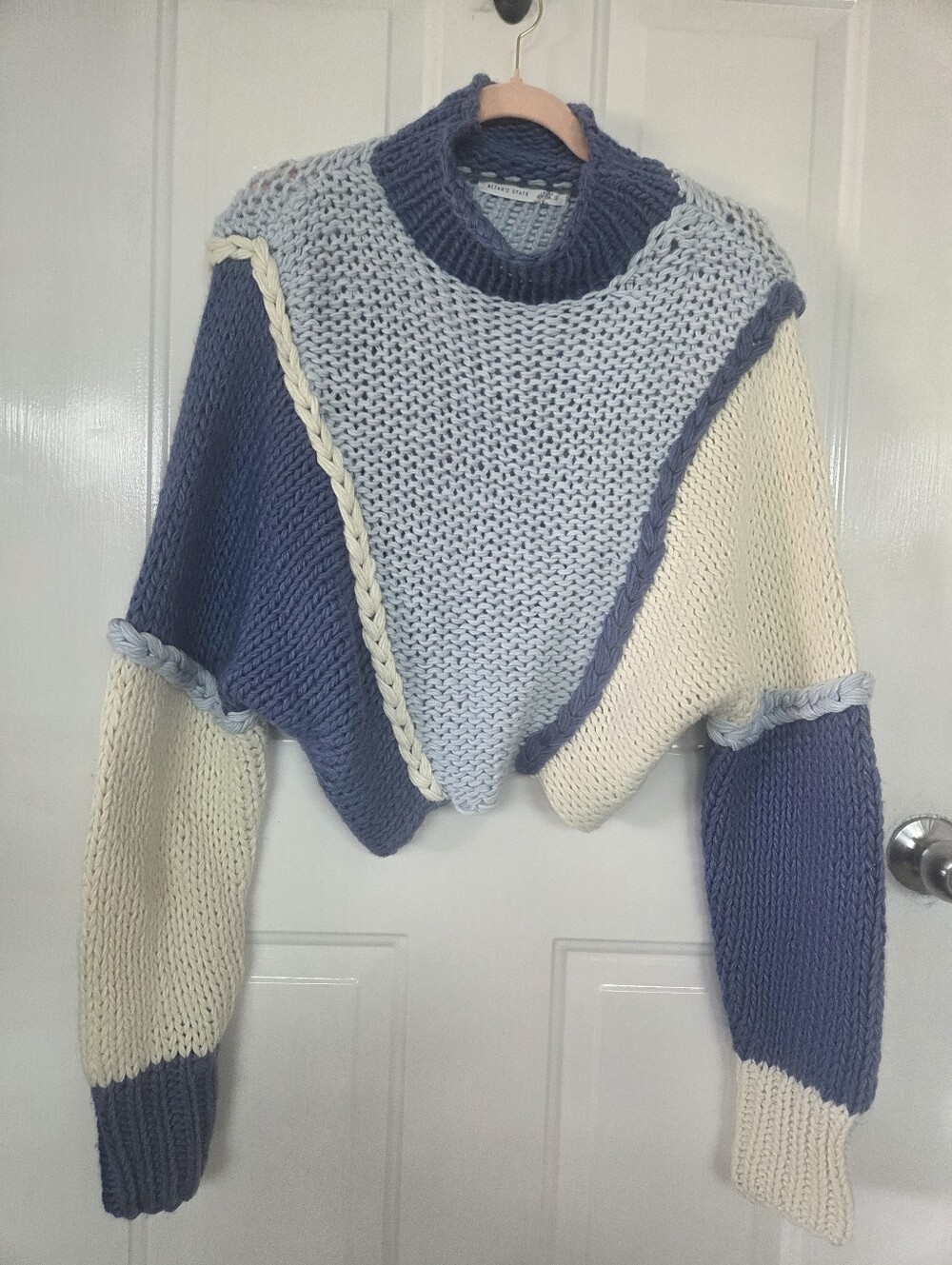 Alter'd State Colorblock Crocheted Knit Cropped Sweater in Blue and Cream small